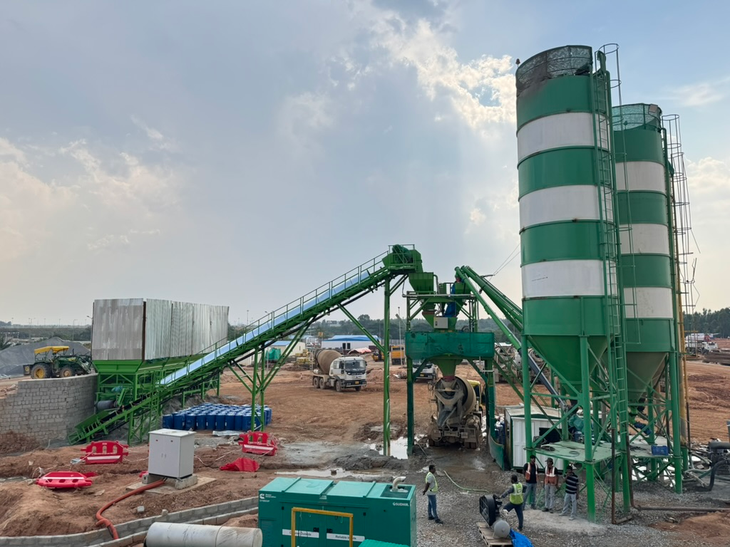 RMC plant setup for mass concrete pouring at construction site in India